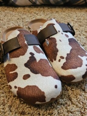 Cow Print Faux Fur Clogs with Brown Strap